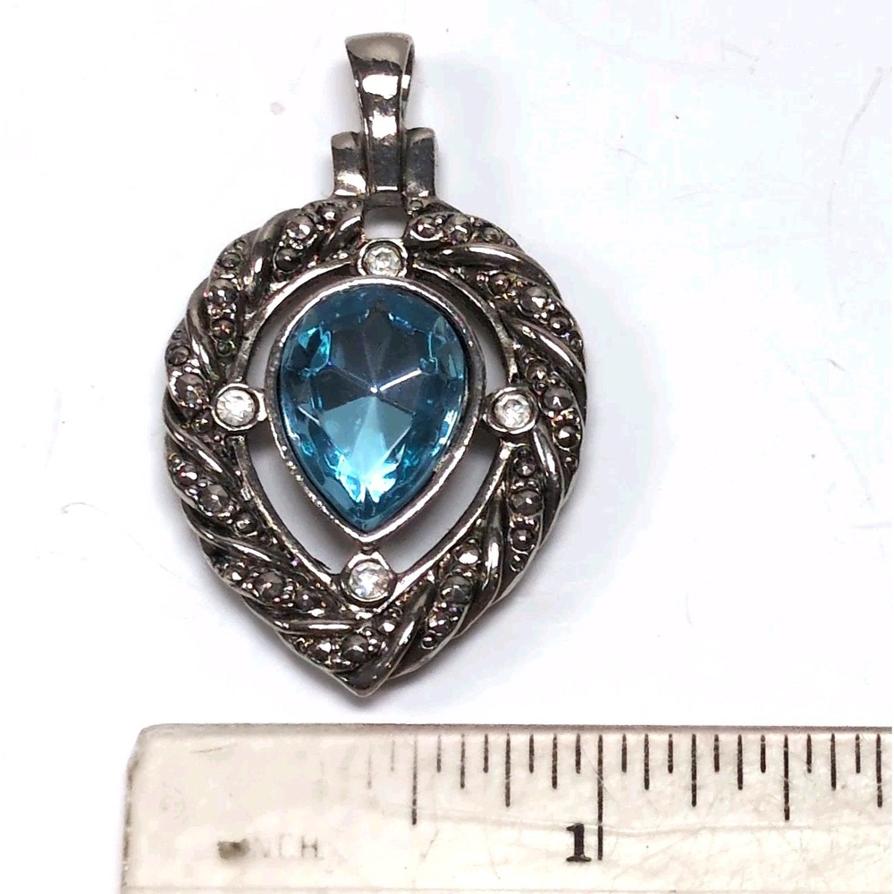 Vintage Avon Silver Tone Blue Crystal Teardrop Pendant Faux Marcasite Accent - Picture 5 of 5